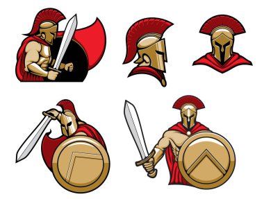 Spartan warrior in helmet with shield and sword, vector heraldic icons. Greek Spartan or Roman Gladiator warrior knight in red cape and golden helmet clipart