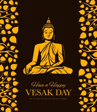 Buda ve bodhi ağacı yaprakları, Budizm dini Vesak Günü. Kutsal Bodhi ağaç dalları, Budist bayramı veya Asya dini bayramı tebrik kartı sınırları olan meditasyon Buda 'nın vektör altın heykeli.
