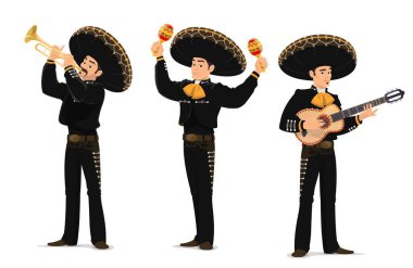 Mariachi Meksikalı müzisyenler grubu. Gitar, trompet ve marakas enstrümanlarında çalan çizgi film karakterleri. Meksikalı sombrero ve ulusal kostümlü Latin müzik grubu. Mariachi karnaval müzisyenleri