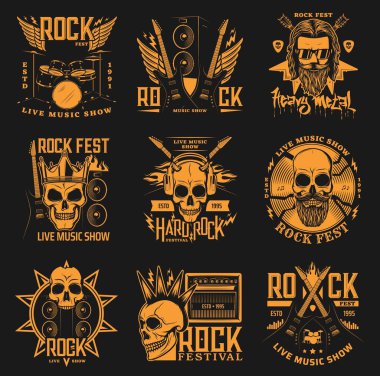 Hard rock festivali, heavy mental konser vektör ikonları. Boynuzlu ve tacında sakalı olan kafatasları, çapraz rock gitarları, davullar ve alevler ve yıldırımlar, hard rock festivali müzik gösterileri