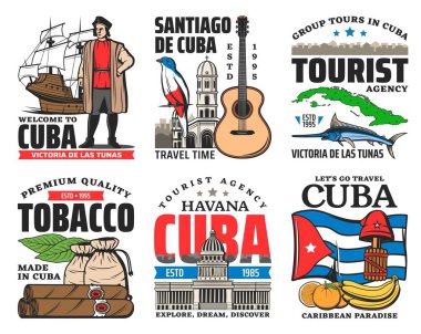 Küba seyahati ve turizm ikonları. Küba bayrağı, harita ve ada yolculuğu tarihi, Havana puroları ve tütün yaprakları, Karayip muz ve portakalları, gitar, kılıçbalığı ve Kol, trogon, özgürlük şapkası