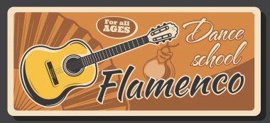 Flamenko dans okulu retro posteri, İspanyol kültürü ve ulusal gelenekler. İspanya profesyonel flamenko dansçıları kulübü, kastanyetler ve gitar müzik enstrümanları kurslar çalıyorlar