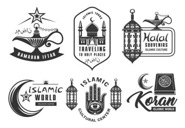Müslüman kültürü ve dini vektör simgelerini izole etmek. İslam Kültür Merkezi ve Kur 'an Hac ibadeti, helal hediyelik eşya dükkanı ve Ramazan Kareem iftar tatili, kutsal yerler seyahat ikonları