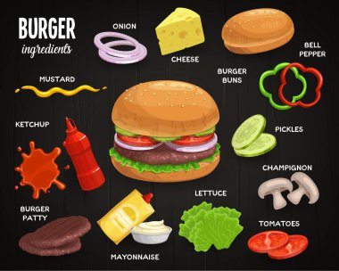 Hamburger malzemeleri, fast food sandviç menüsü, vektör ikonları. Fast food çizburger ve hamburger malzemeleri, köfte, peynir ve çörek, mantar, biber ve ketçaplı marul ve mayonez.