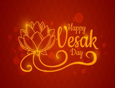 Vesak Günü 'n kutlu olsun. Kırmızı arka planda parlama vektörü nilüfer çiçeği süsü ve işaret fişeği etkisi. Geleneksel Budizm dini bayramı. Vesak Günü Buddha Aydınlanma Kutlaması