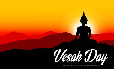 Vesak günü ya da Buda günü, geleneksel Budizm dini bayramı, vektör. Vesak Günü Buda heykeli Lotus 'ta gün doğumunda tepelerde, Budizm ve Hinduizm dini kutlamalarında