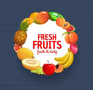 Taze meyve ve böğürtlen vektör çerçevesi ve ahşap arka planda bahçe yiyeceği. Portakal, mango, papaya ve elma, muz, ananas, karpuz ve greyfurt, şeftali, nar, üzüm ve kavun.