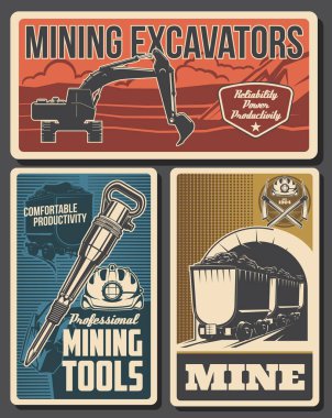 Madencilik ekipmanları ve madencilik araçlarının maden endüstrisi vektör tasarımı. Sert şapka, kazma, kazıcı ve pnömatik kömür çekici, miğfer, far, maden vagonu siyah mineral kayaları veya demir taşlar