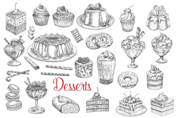 Taarten Gebak Snoep Bakkerij Desserts Vector Schets Pictogrammen Handgetekende Patisserie — Stockvector