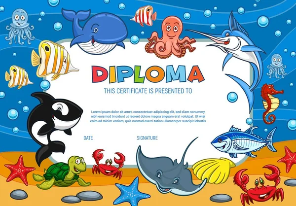 Diploma Certificaat Met Cartoon Onderwater Wereld Vissen Oceaan Schepsel Vector — Stockvector