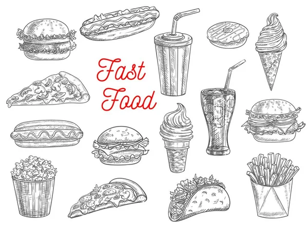 Ícones Vetoriais Sketch Fast Food Hambúrgueres Sanduíches Cachorros Quentes Sobremesas — Vetor de Stock