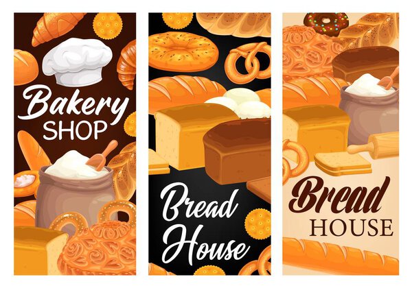 Bakery shop food banners with wheat bread and pastries. Vector baguette, croissant and french toasts, cereal bun, cookie, pie and bagel, donut, pretzel, challah and pita, baker hat and flour bag