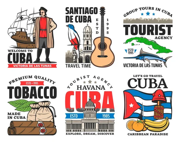 Cuba Viajes Turismo Vector Iconos Bandera Mapa Isla Cuba Habanos — Archivo Imágenes Vectoriales