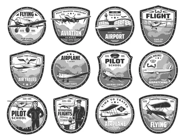 Aviación Viajes Aéreos Aeropuerto Internacional Iconos Vectoriales Escuela Piloto Academia — Archivo Imágenes Vectoriales