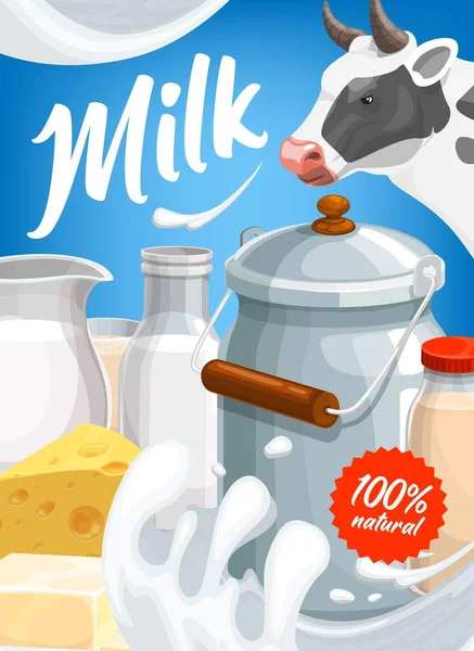 奶牛场乳制品 病媒海报上有乳汁飞溅的蓝色背景 奶牛场奶牛养殖 罐装天然有机牛奶 黄油和奶酪 — 图库矢量图片
