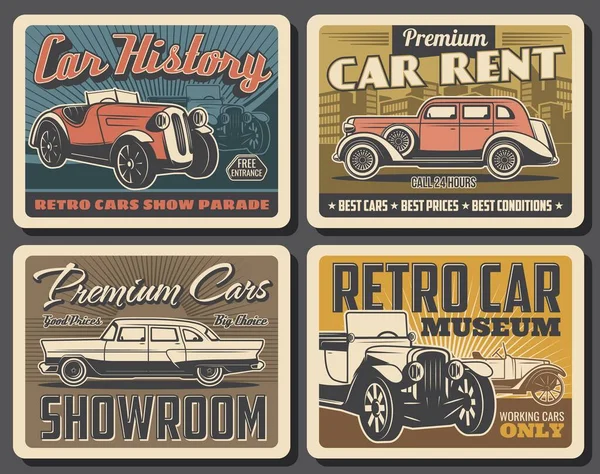 Retro Carros Design Vetorial Museu Automóveis Vintage Salão Aluguel Veículos —  Vetores de Stock
