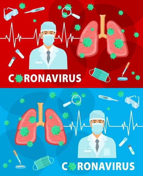 コロナウイルス病や感染症の流行 Covid 19ウイルス治療と抗ウイルス予防 ベクトルポスター コロナウイルス検査と治療 ワクチン研究と保護医学 — ストックベクタ