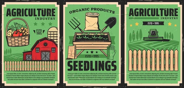 Agricultura Indústria Agrícola Campos Agrícolas Colheita Vetor Vintage Cartaz Máquinas — Vetor de Stock