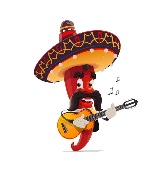 Мексиканский Красный Перец Чили Мариачи Сомбреро Играет Гитаре Изолированное Векторное — стоковый вектор
