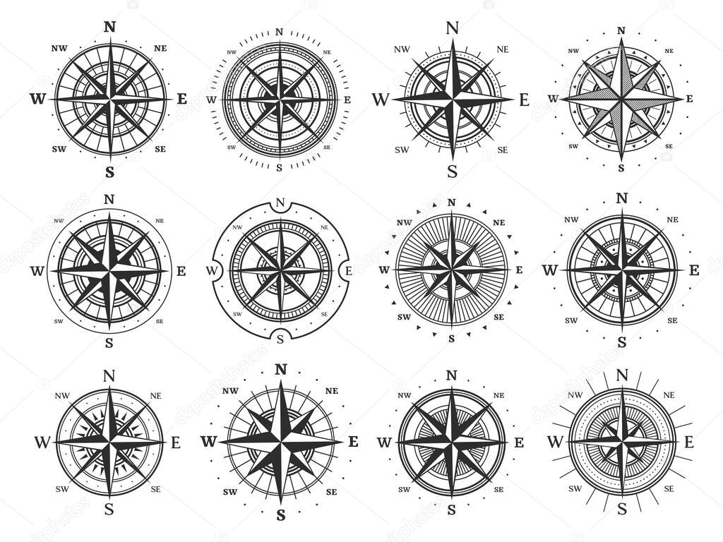 Nautical compass wind rose vector icons. Isolated vintage symbols of marine maps and antique cartography, navigation compass rose or windrose with cardinal directions of North, East, South and West