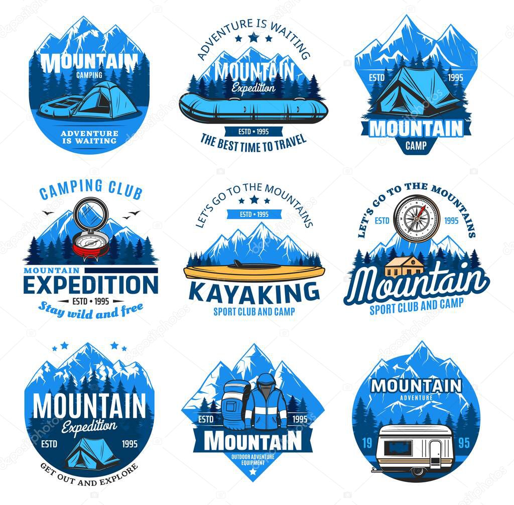 Sport tourism and outdoor travel, mountain camping and hiking club vector icons. Mountain expedition, river rafting and kayaking club signs, camp tourism equipment compass, RV car and backpack
