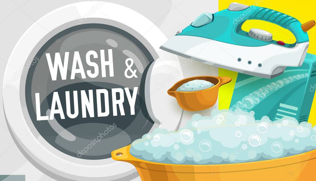 Laundry service vector design of washing machine and detergent powder, iron, plastic wash basin and soap bubbles. Household appliances and cleaning products, laundromat or self service laundry themes