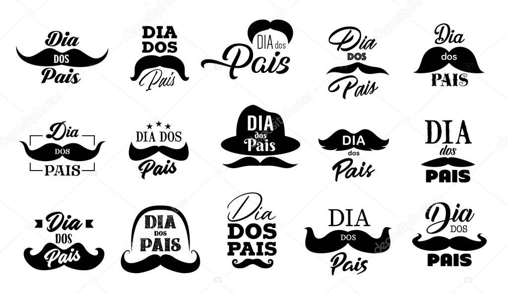 Fathers Day mustache and hat vector icons with Dad holiday lettering quotes in Portuguese. Dia dos Pais hand drawn font greeting cards with hipsters moustaches and retro bowler caps