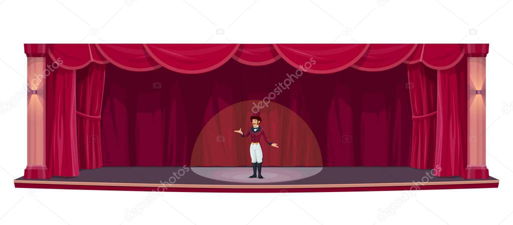 Stage with red curtains, actor show man in spotlight, vector background. Theater, opera and play stage scene with drapery curtains and projector light, premiere, cabaret show or presentation ceremony