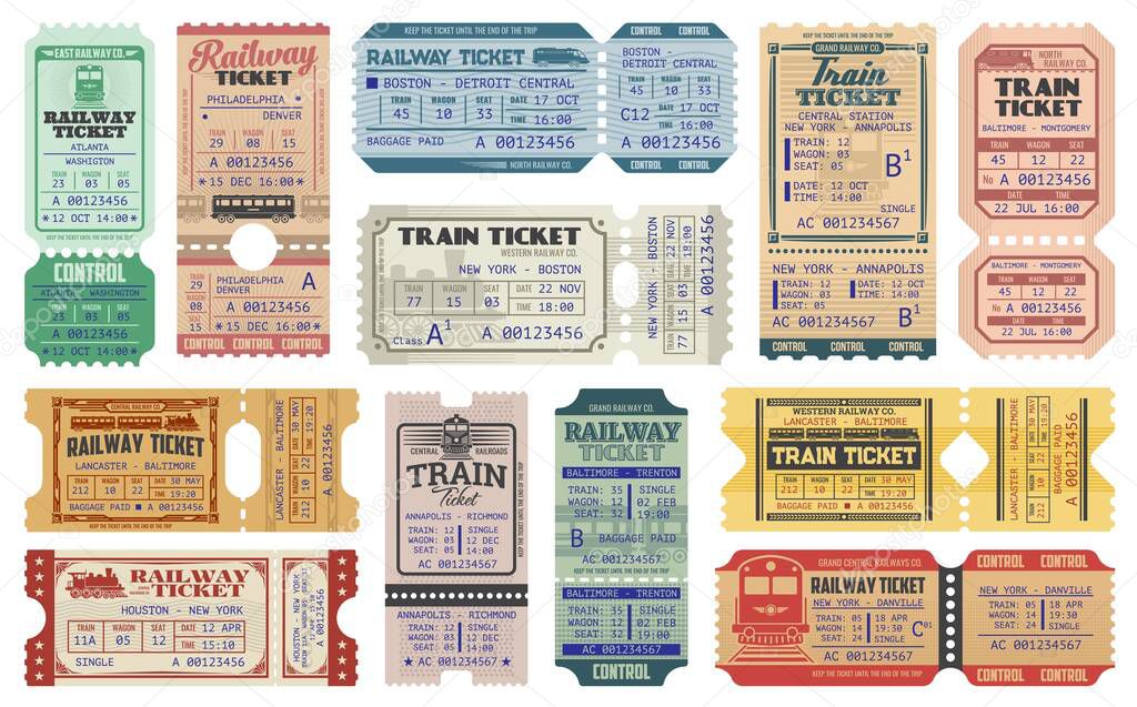 Railway tickets, vector train travel passes, vintage cardboard and carton paper tickets. USA American railway train tickets to central station destination city, seat number and control stamps