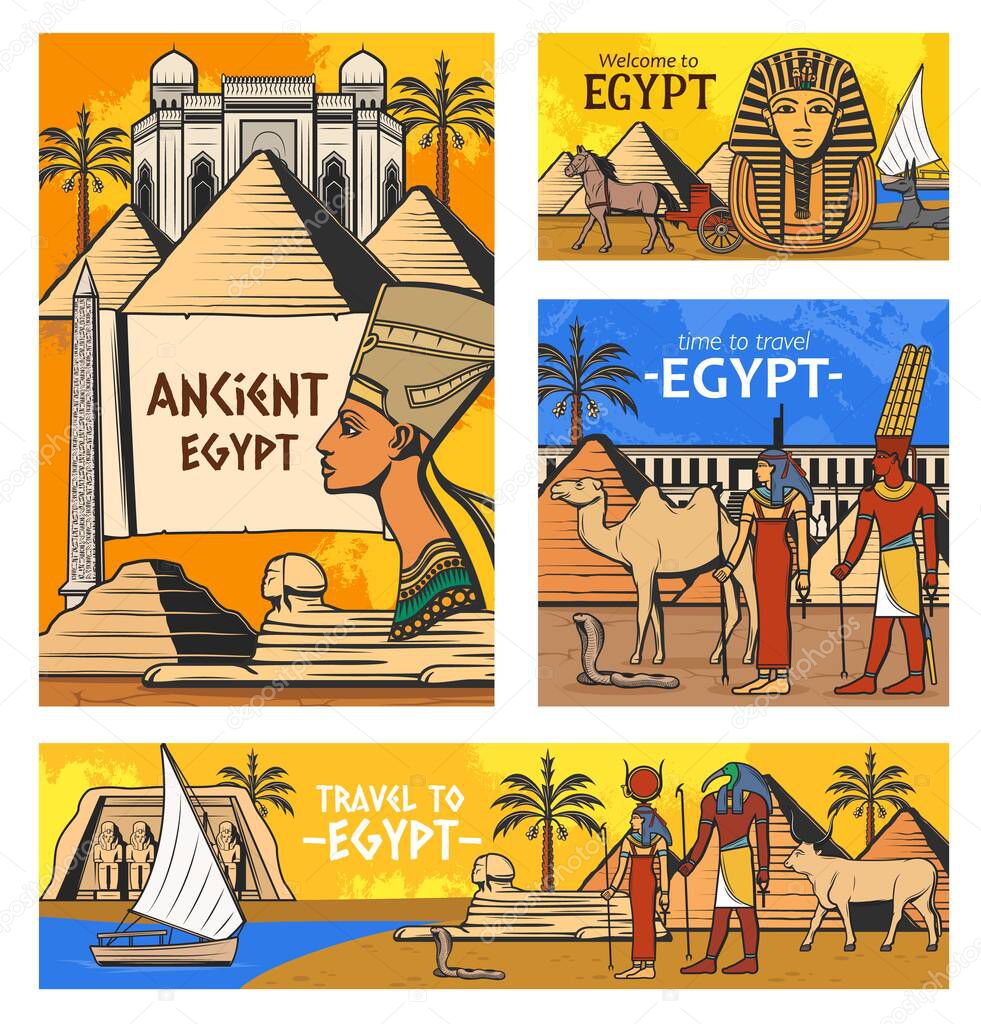 Egypt travel vector design with Ancient Egyptian pharaoh pyramids and gods. History and culture symbols of Egyptian mythology and religion, Sphinx, camel and Ankh sign, Tutankhamun mask, tomb, temple