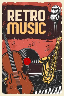 Retro müzik festivali, caz gecesi veya halk festivali, vektör vintage poster. Retro müzik enstrümanları, vinil plak çalar, synthesizer ve orkestra kemanı, saksafon ve şarkıcı mikrofon