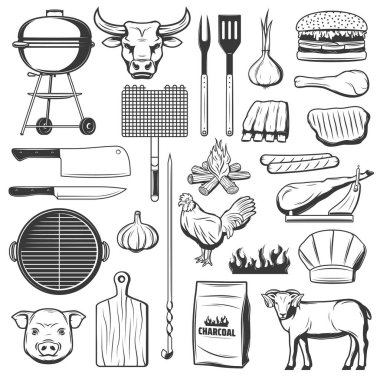 Barbekü, barbekü partisi, et, hamburger ve sosis ikonları. Piknik mangal köftesi ve tavuk bacağı, kömür ve sarımsak baharatı, koyun pirzolası ve jamon, çatal bıçak, çatal ve spatula.