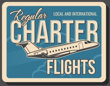 Charter uçuşları, özel jet uçuş servisi, vektör vintage poster. Sivil havacılık, uluslararası iş uçuşları ve yerel düşük maliyetli havayolları, gökyüzünde uçan uçak retro pankartı.