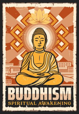 Budizm dini, meditasyon ve ruhsal uyanış Budist okulu. Vector vintage grunge posteri. Buda nilüferde poz verir ve mudra gamalı haç, Tibet dini ve aydınlanmayla el işareti yapar.