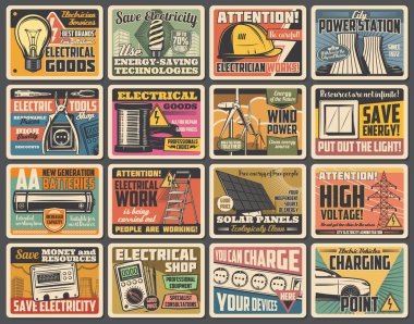 Elektrik, enerji ve enerji endüstrisi vintage taşıyıcı plakalar. Enerji santrali, rüzgar türbini ve güneş enerjisi teknolojisi. Elektrik teçhizatı ve aletleri, yüksek voltaj, tasarruf enerji ve araba şarj noktası