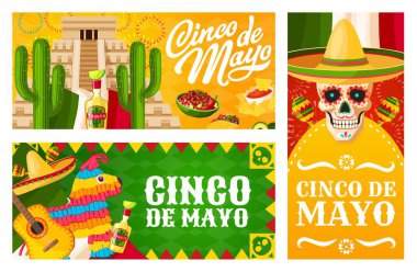 Cinco de Mayo Meksika tatil vektör pankartları. Meksika fiesta sombrero şapkaları, marakas ve festival mariachi gitarı. Kaktüsler, kafatasları ve bayraklar, tekila, taco ve nachos, pinata ve piramit.