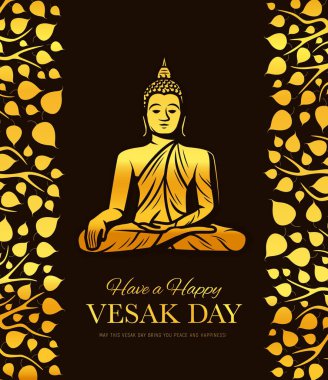 Altın Buda meditasyonda. Vesak Günü tatil vektör posteri. Buda lotus yogasında oturmuş bodhi ağacı yapraklarıyla poz veriyor. Budizm din kültürü ve geleneği. Vesak Günü dini bayramı