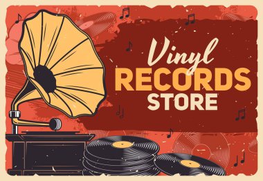 Müzik mağazası, gramofon vinil plakları ve retro müzik dükkanı vektörü grunge posteri. Vinil plak CD 'leri, gramofon ve fonograf çalma ekipmanları ve müzik notaları