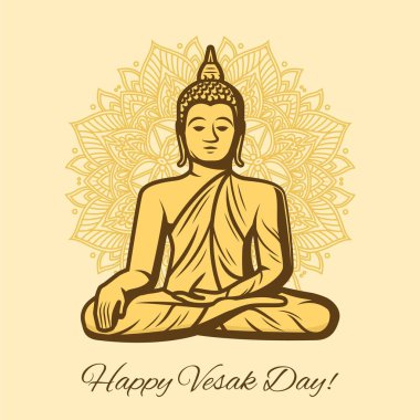 Vesak Günü 'nüz kutlu olsun. Buddha nilüfer çiçeğinin üzerinde oturmuş süslü taç yapraklarıyla. Budizm geleneği Vesak Günü. Doğum günü, aydınlanma ve Buda 'nın ölümü, din ve kültürün