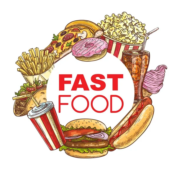 Fast Food Lanches Hambúrgueres Quadro Menu Sanduíches Sobremesas Bebidas Taco — Vetor de Stock