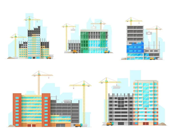 Edificios Sitio Construcción Vector Iconos Planos Casa Sin Terminar Rascacielos — Vector de stock