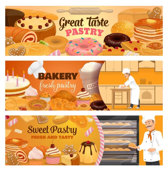 Panadería Pancartas Pastelería Vector Pasteles Postre Pastelería Horneada Dulces Panadero — Archivo Imágenes Vectoriales