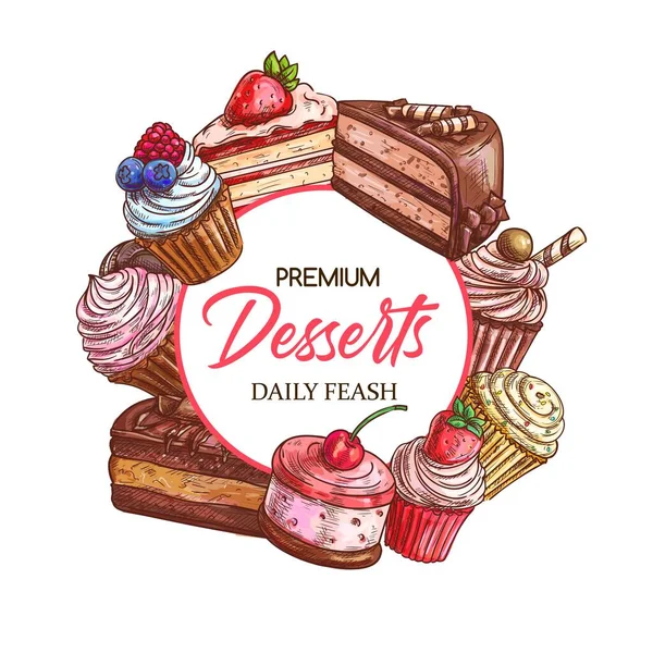 Konditorei Desserts Süßigkeiten Und Konditorei Kuchen Vektor Sketch Süßwaren Und — Stockvektor