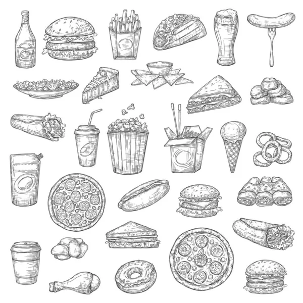 Hamburguesas Comida Rápida Bebidas Postres Iconos Bocetos Vectoriales Sandwich Pizza — Archivo Imágenes Vectoriales