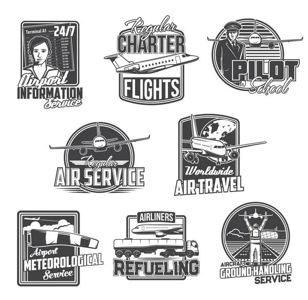 Airline Airport Service Civil Aviation Vector Icons Pilot School Private — Stock Vector