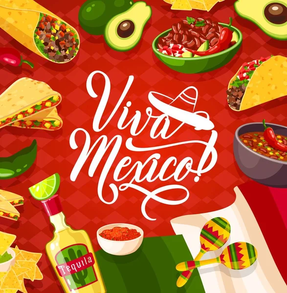 Cinco Mayo Makanan Liburan Meksiko Fiesta Sombrero Topi Maracas Dan - Stok Vektor