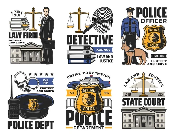 立法和法律矢量图标 警察与警犬和警察徽章 律师事务所和侦探调查机构 州法院和警察局的标志 — 图库矢量图片
