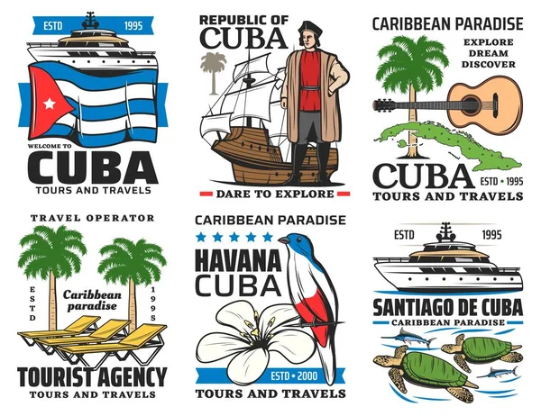 Cuba Viajan Iconos Vectoriales Hitos Cultura Histórica Habana Turismo Cubano — Archivo Imágenes Vectoriales