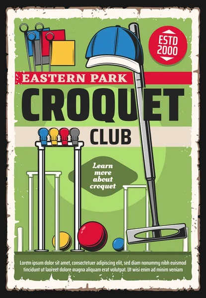 Croquet Juego Deporte Torneo Vector Vintage Retro Cartel Croquet Juego — Vector de stock