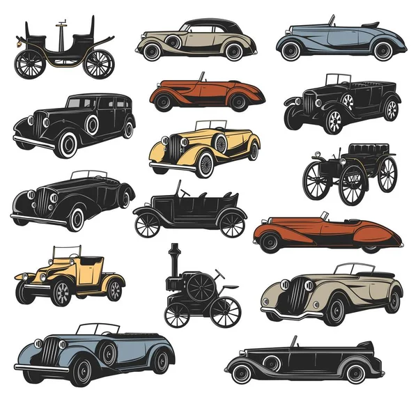 Antique Rarity Vintage Cars Vector Old Vehicle Models Classic Steam — Stock Vector